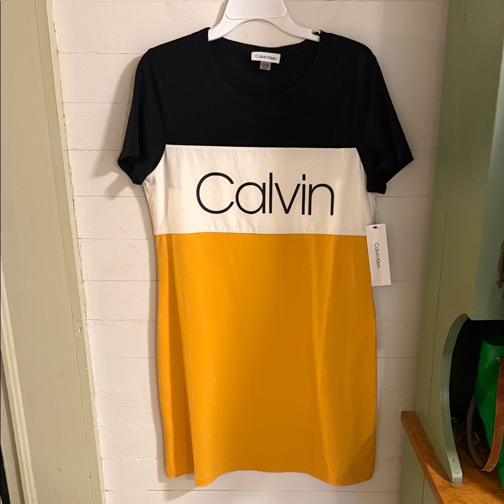 Calvin Klein Black, White, and Yellow Mini Dress